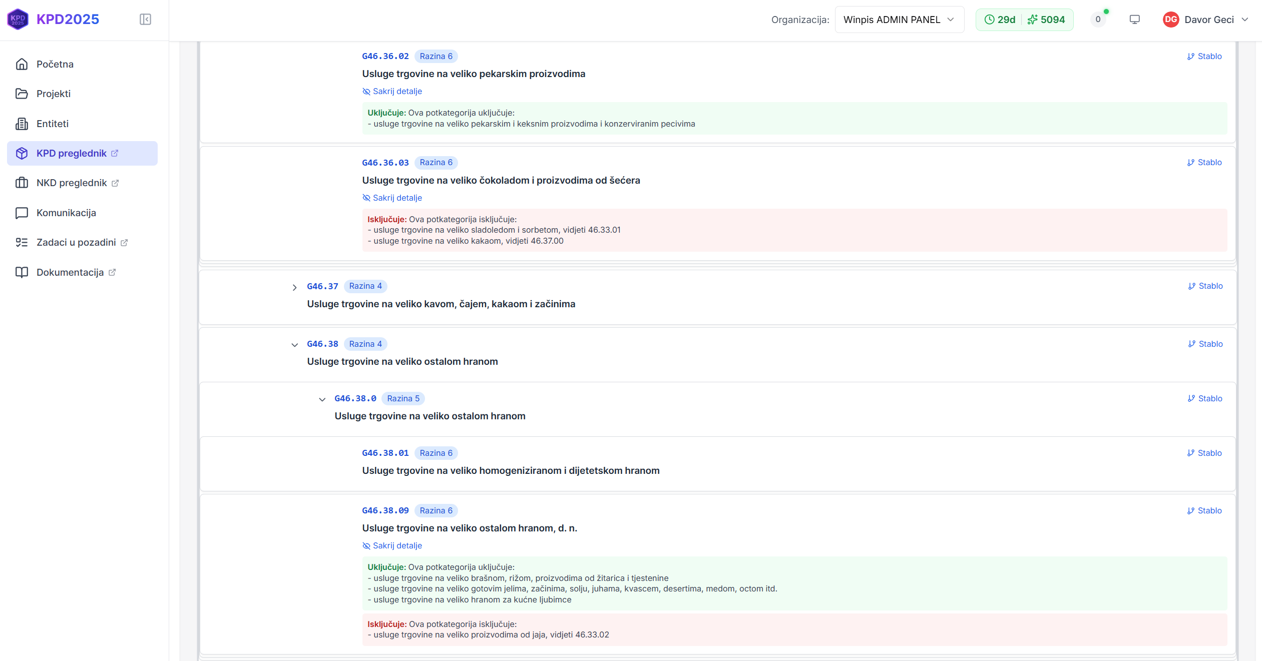 KPD2025 preglednik šifrarnika - kao KLASUS samo pametniji - šifra G46 trgovina na veliko